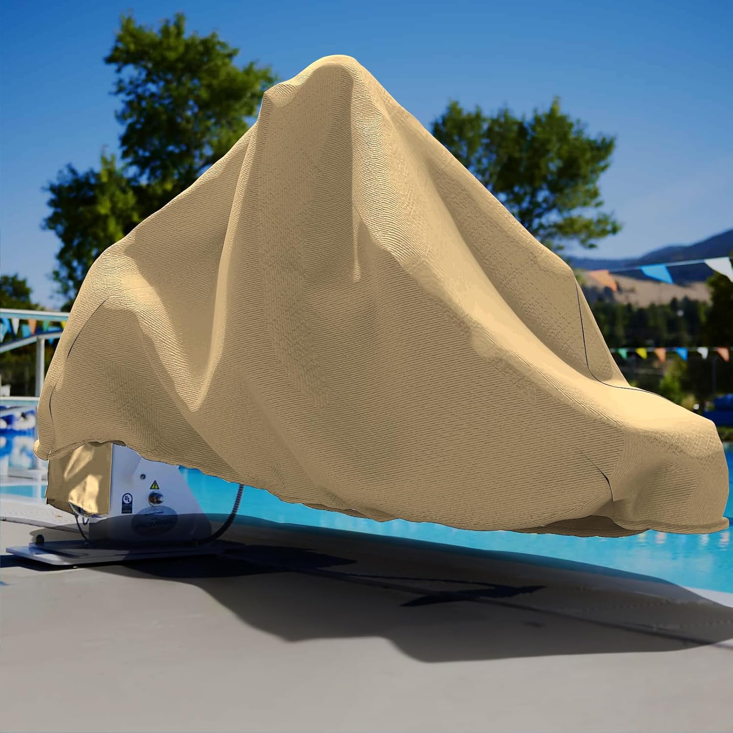 Handicap Pool Lift Chair Protective Cover, 600D Heavy Duty Waterproof, Dustproof, UV-Proof for Global Lift Corp Swimming Pool Chairs Spectrum Motion Trek Lifts, Freedom Lift and Aspen Lifts (Khaki)
