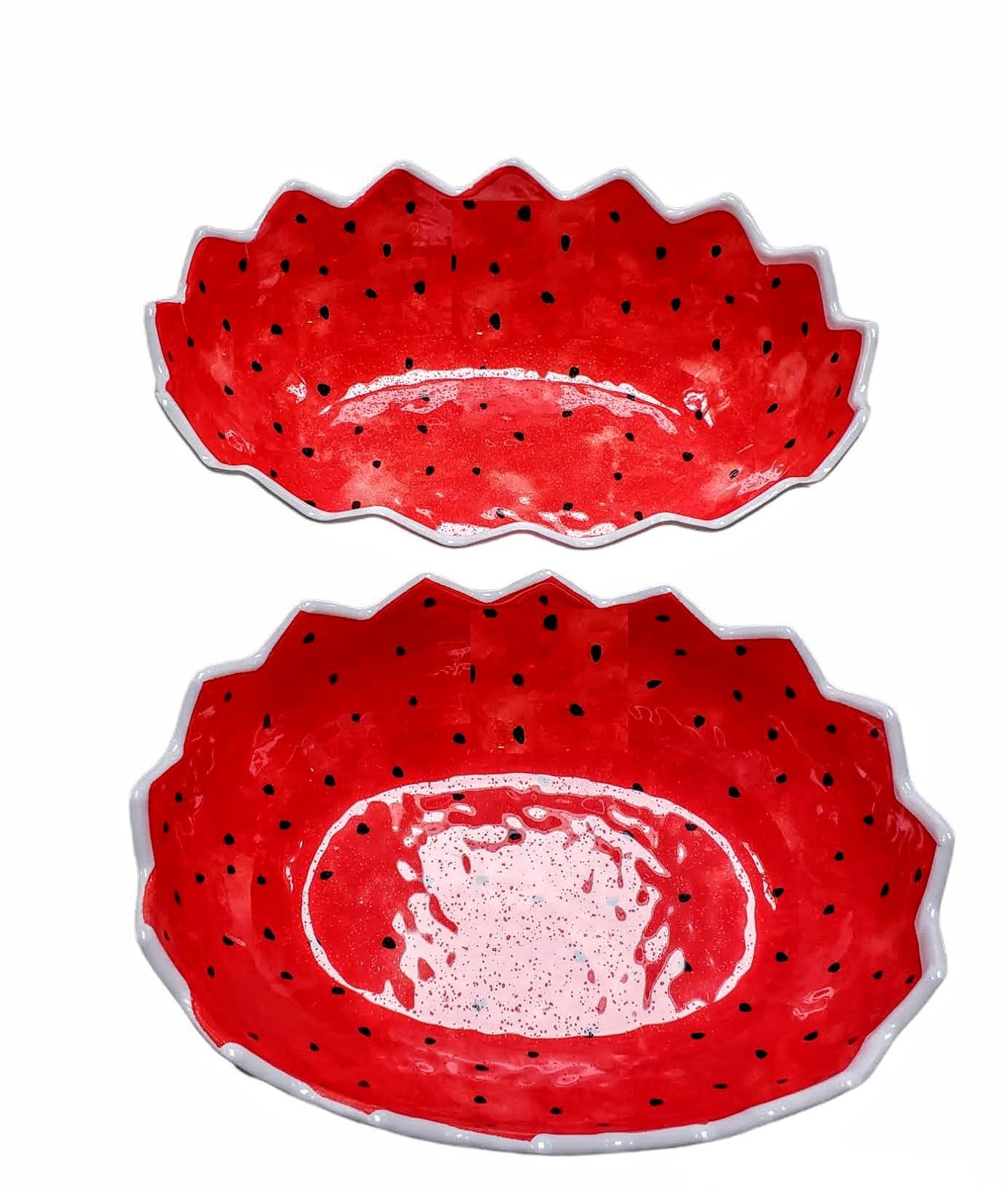 Generic 2 Pack Large and Medium Melamine Plastic Watermelon Salad Serving Bowl Set - Light Weight - 12 x 9 x 4 and 14 x 10 x 4.25 Green outside and Watermelon Color Inside