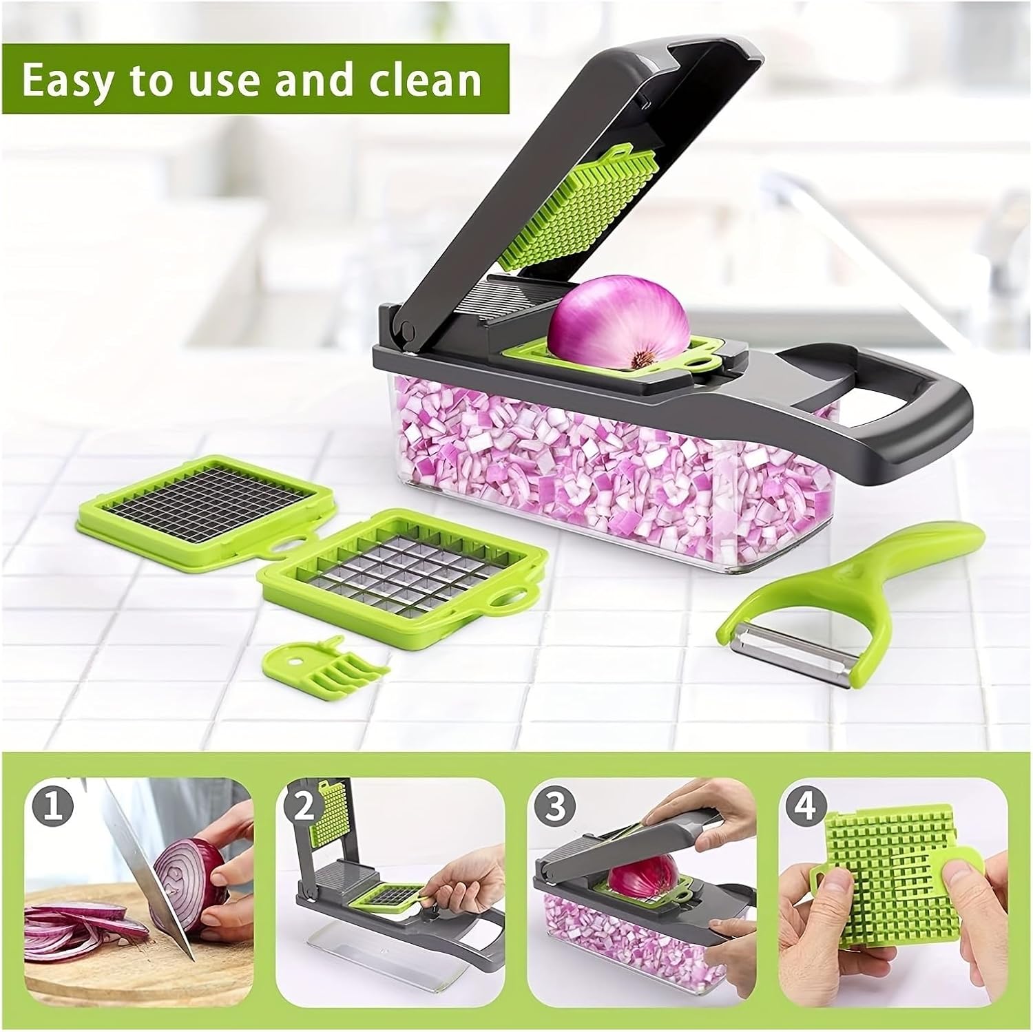 14-in-1 Multifunctional Vegetable Chopper - 3 Blades with Handle for Slicing, Dicing, Grating and Julienne Cutting, Easy to Clean Kitchen Gadget(14Pcs)