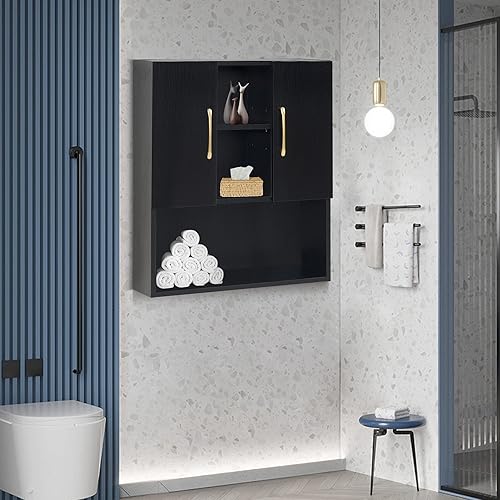 Miniatura 2 de BarberPub Armario de estilo para montaje en pared con puertas y bisagras, para sala de estar, armario colgante para spa 2205 (negro)
