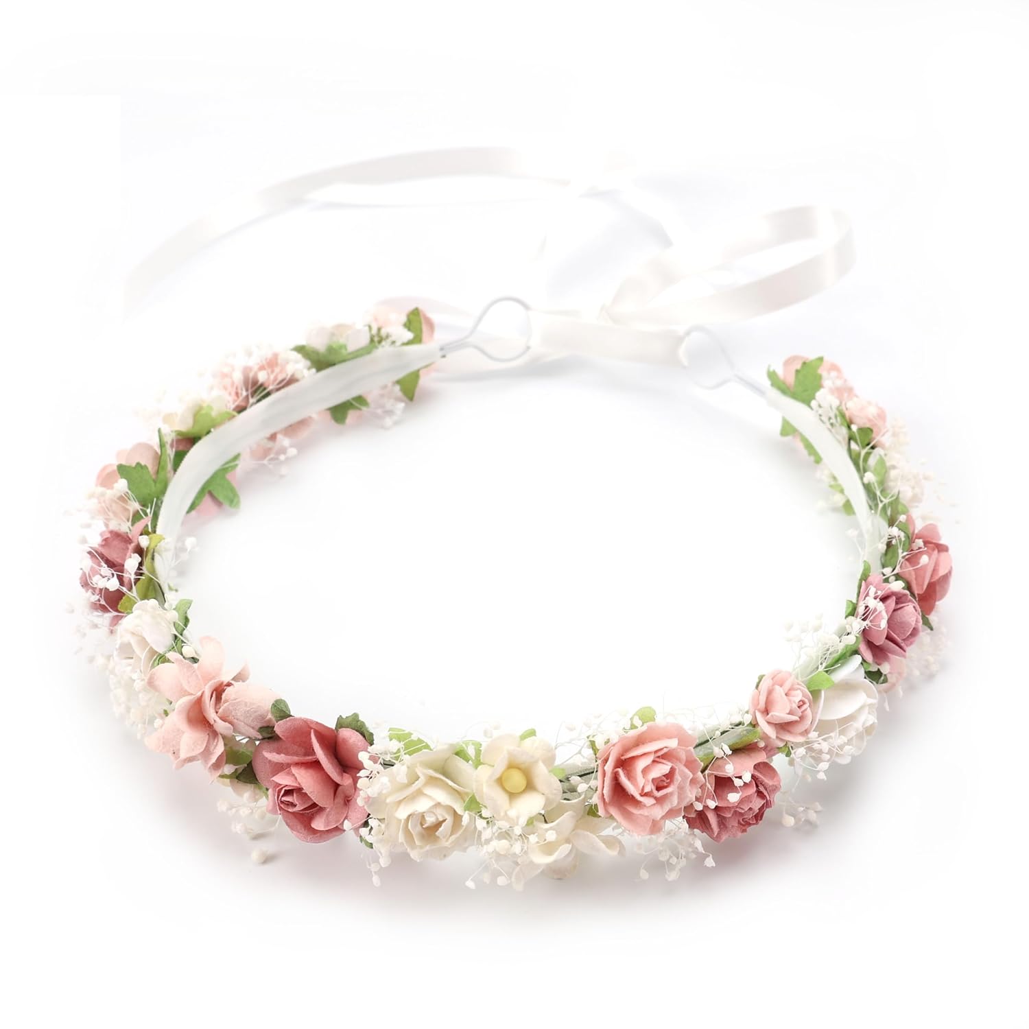 Toddler Flower Crown with Baby's Breath 1st Birthday Photo Prop Headpiece Baby Girls Floral Hair Wreath Rustic Wedding Headband for Toddler(40cm length)