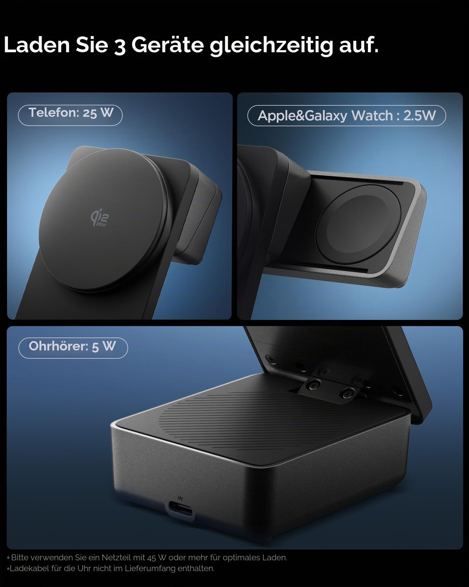 Spigen Qi2.2 25W 3-in-1 MagSafe kabellose Ladestation [inkl. 2 m USB-C Kabel] Bundle + 47W GaN 2-Port Ladegerät – Schnelles Laden für iPhone, AirPods, Apple Watch
