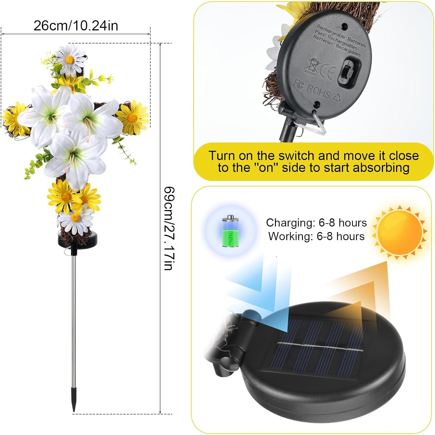 2Pack Solar Easter Lily Cross Spring Garden Stake,Artificial Lilies&Natural Rattan Cross with Metal Floor Plugs for Easter Cemetery Grave、Garden