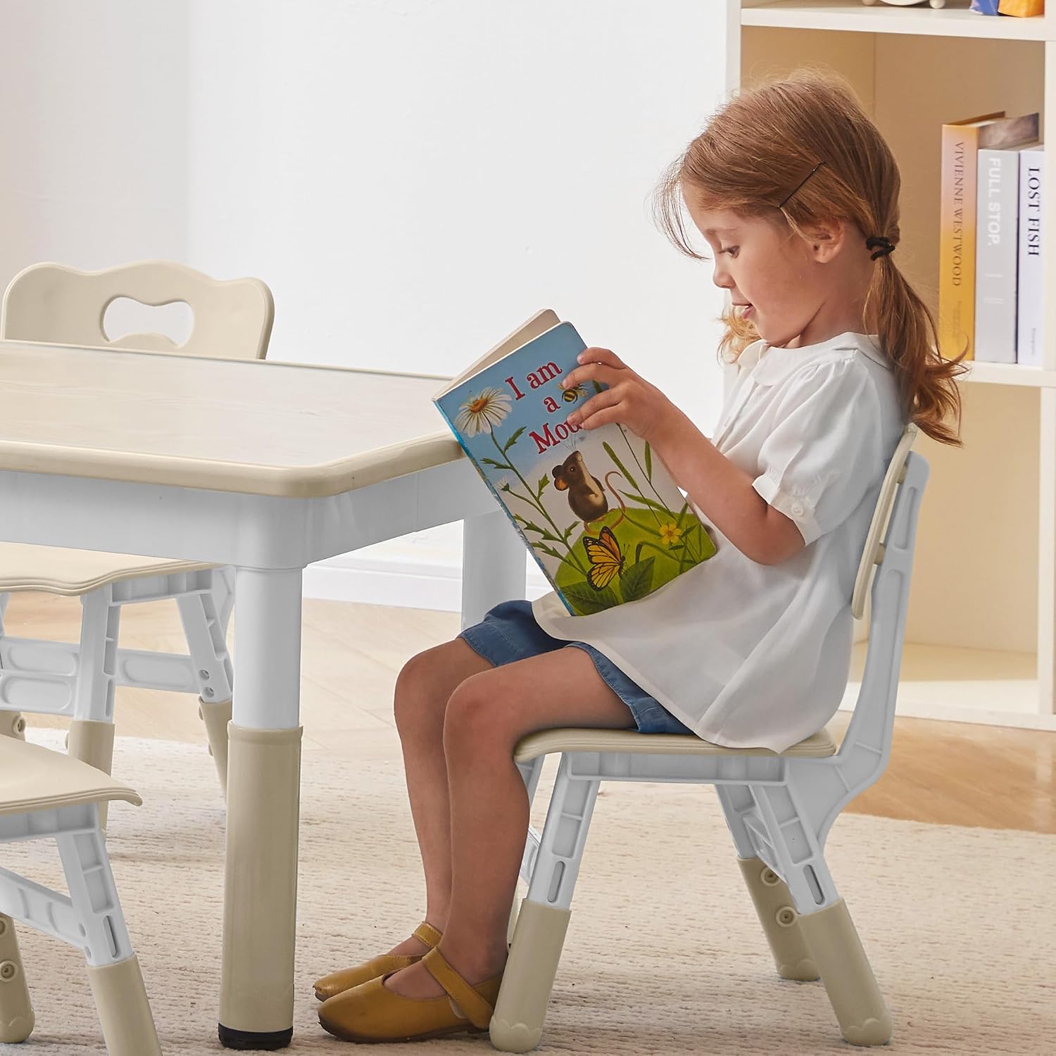 DOREROOM Kids Table and 2 Chairs Set, Height-Adjustable Toddler Table and Chair Set with Graffiti Desktop, 31.5''L x 23.6''W Children Activity Table for Daycare, Classroom, Home