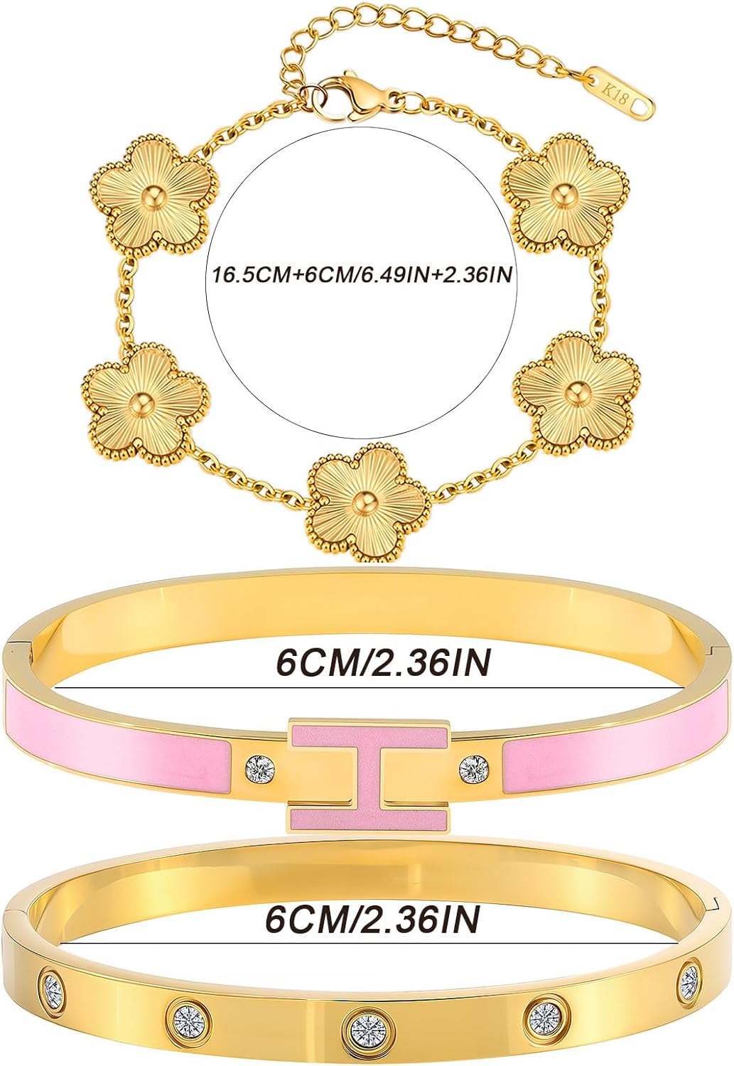 Gold Clover Bracelets for Women - 18K Gold Plated Stainless Steel Dainty H Bangle Bracelets| Daily & Party Wear Jewelry, Easter Christmas Mothers Day Gifts - Image 5