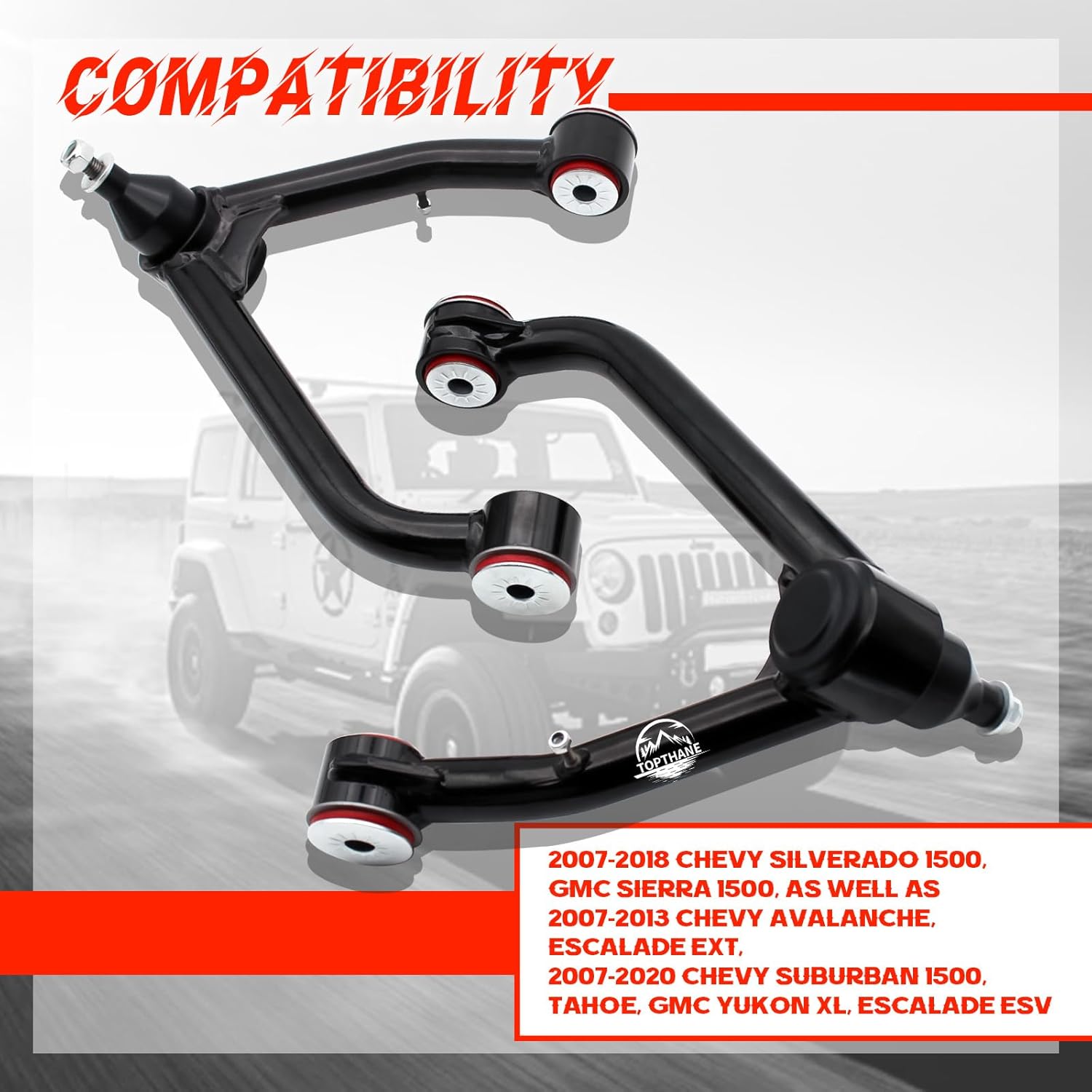 2-4" Lift Front Upper Control Arms for 2007-2018 Chevy Silverado GMC Sierra 1500, 2007-2013 Chevy Avalanche, 2007-2014 Chevy Suburban 1500, Tahoe, GMC Yukon, Yukon XL, Cadillac Escalade ESV