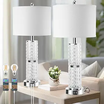 3-Way Touch Control Crystal Table Lamps Set of 2, Silver Modern Bedside Lamps with USB Ports & Outlets, 26 inches Tall with White Drum Shade