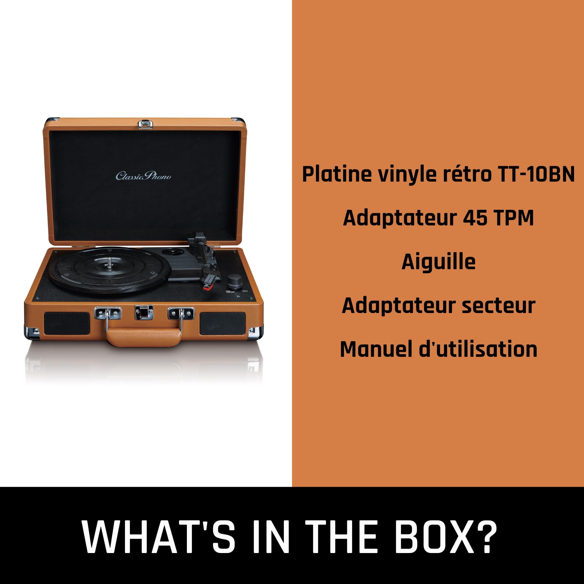 Lenco Classic Phono TT-10BN - Platine Vinyle Valise - Haut-Parleurs - Fonction arrêt automatique - 3 vitesses - Entraînement par courroie - AUX - Sortie ligne - Marron
