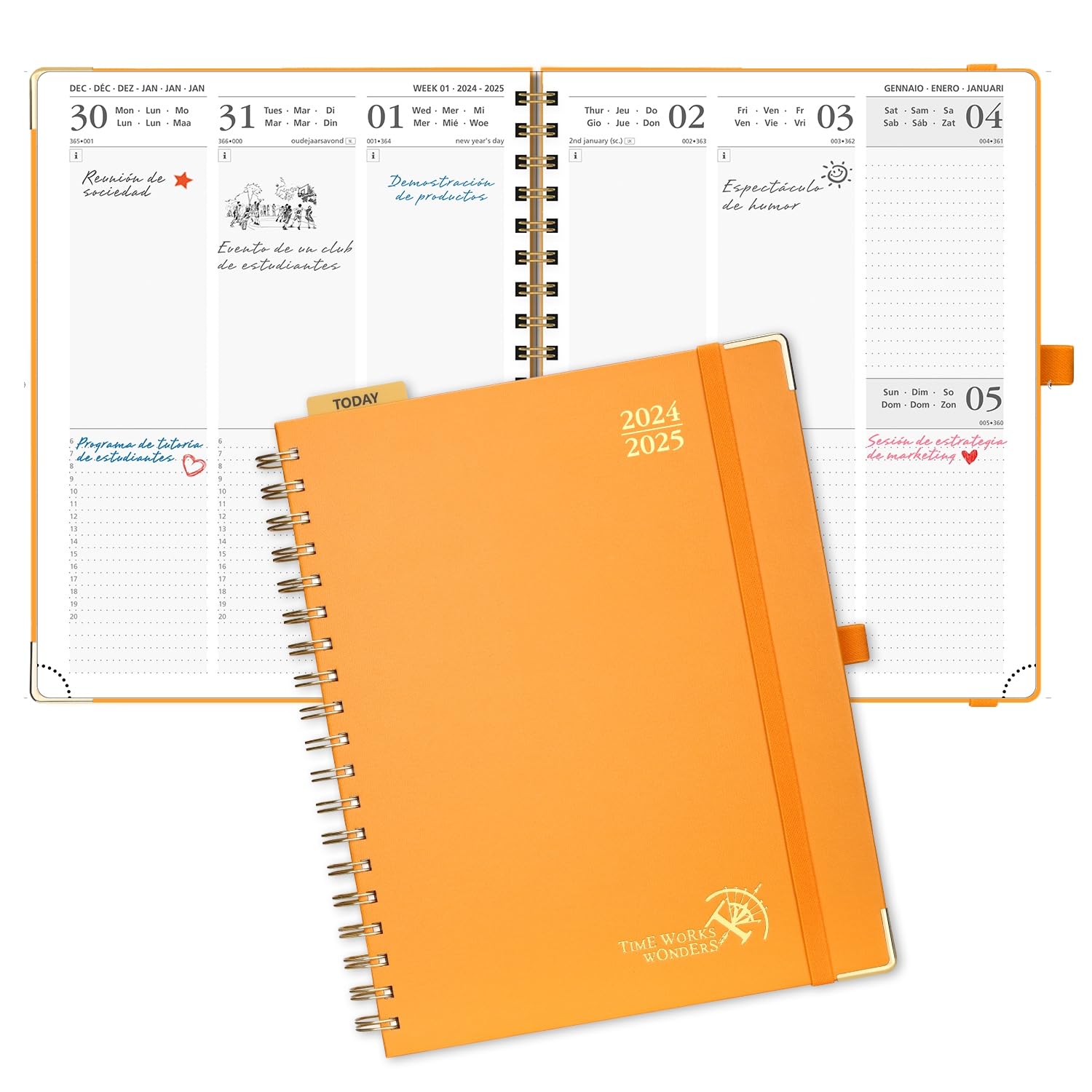 POPRUN Agenda 2024 2025 Semana Vista 25,5 x 20,5 cm, Tapa Dura Agenda Escolar 17 Meses Semanal de Ago.2024 a Dic.2025, Regla de Plástico, 80 GSM Papel, Naranja