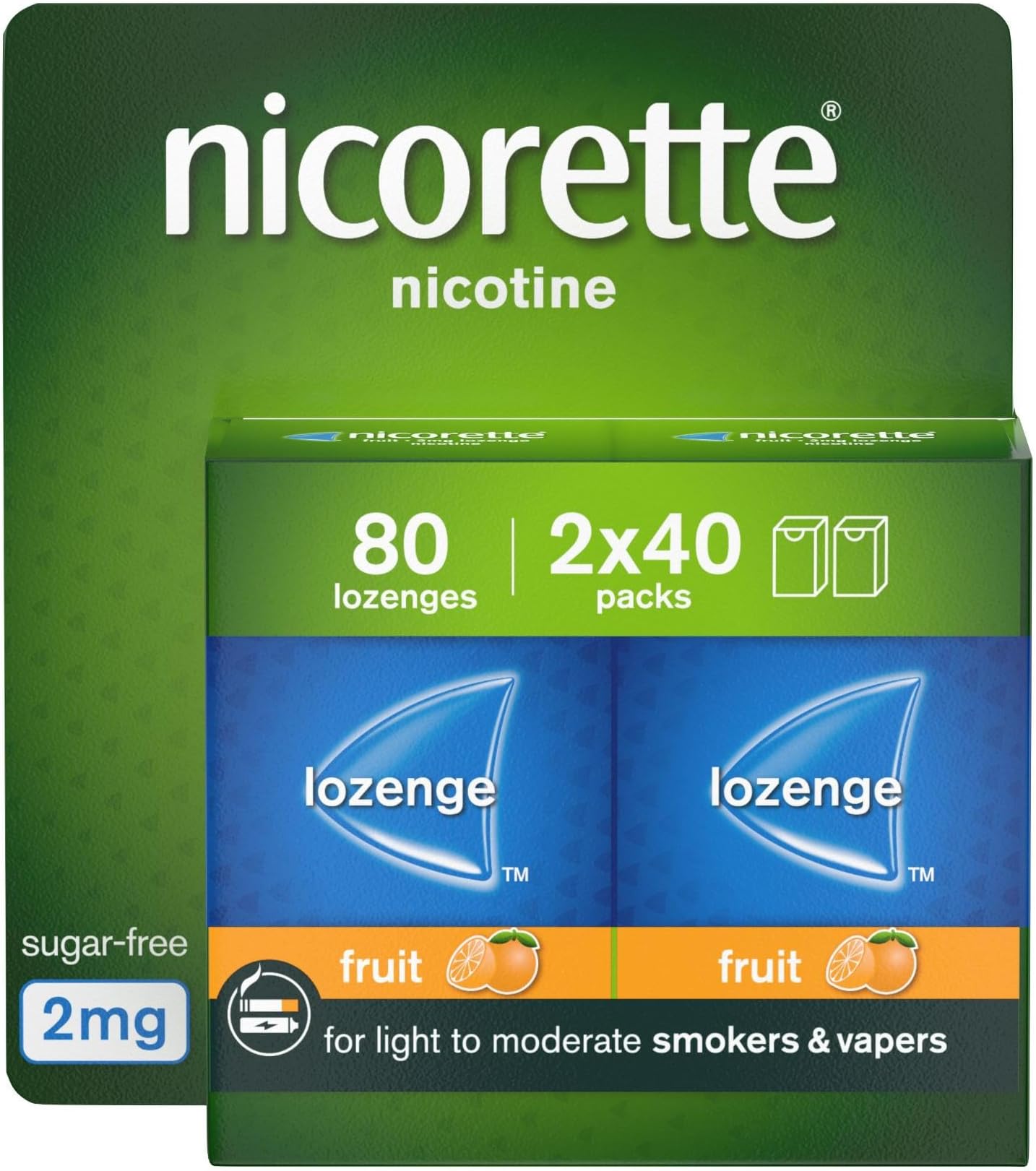 Nicorette Fruit 2mg Lozenge, 80 Lozenges (2 x 40 Packs), Effective and Discreet Quit Smoking Aid for Cigarettes, Nicotine Lozenges with Dual-Layer Fruity Flavour Release