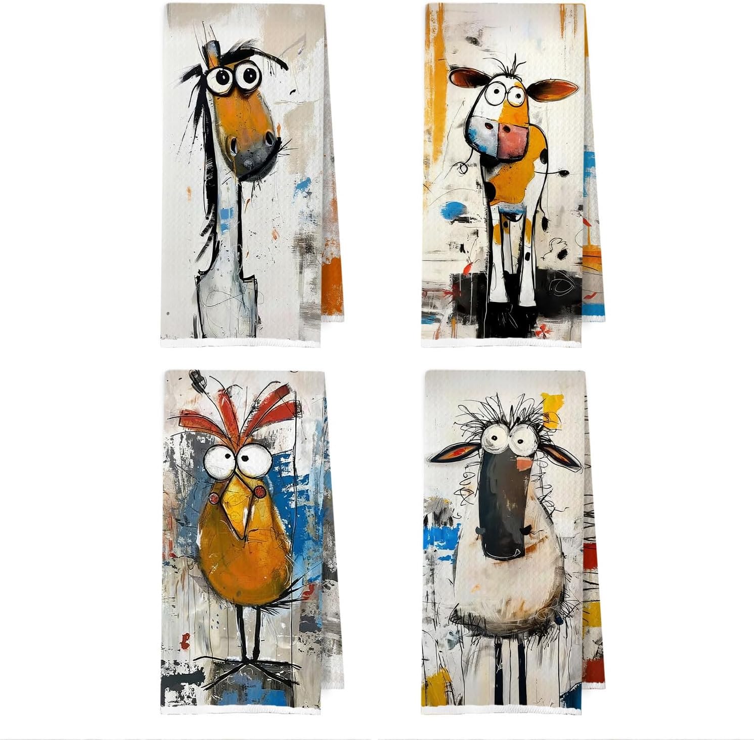 Whimsical Animals Kitchen Towels Set - Whimsical Farmhouse Decorative Waffle Dish Towels, Animal Gifts Hand Towels, Abstract Animals Tea Towel, 16×24 Inches Set of 4