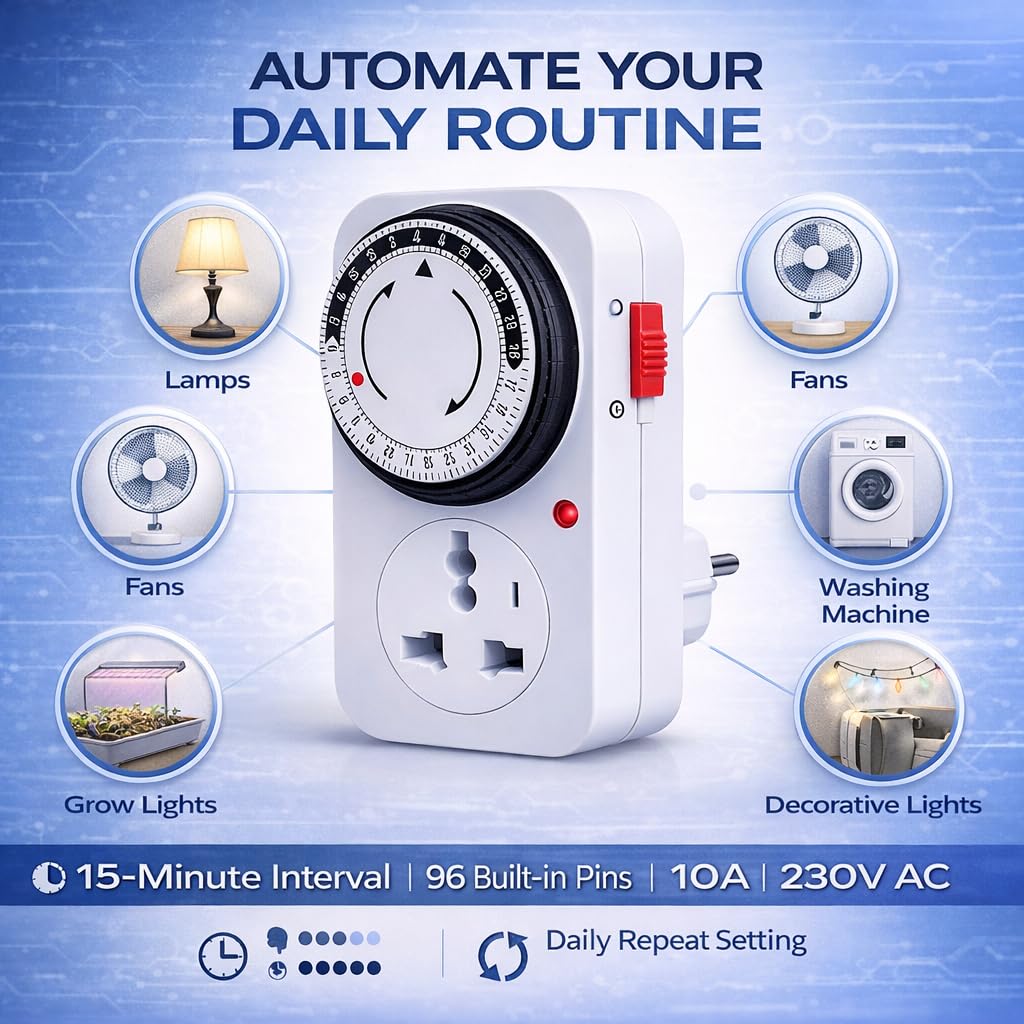 Blackt Electrotech BT41PM Programmable 24-Hour Analog Timer Socket -10 Amp, 230V Power Controller for Home Security and Energy Saving - 15-Min Intervals 1