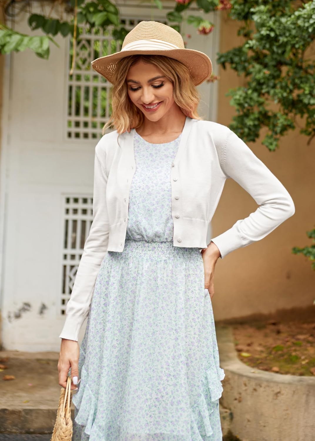 GRACE KARIN Long Sleeve Cropped Cardigan Sweaters for Women Lightweight Button Down V-Neck Open Front Bolero Shrug Jacket Ivory L - Image 2