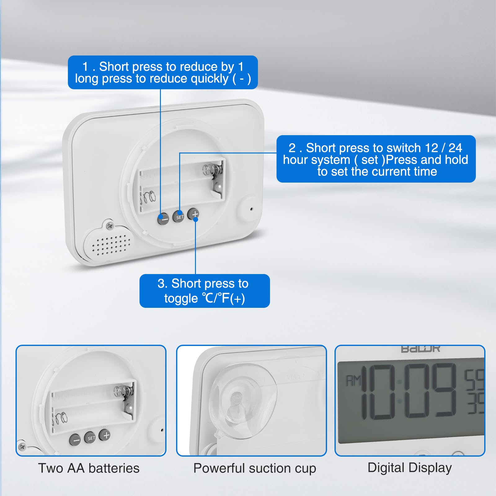 Orologio Da Bagno, Orologio Digitale Lcd per Doccia Impermeabile Occia Orologio Allarme Con Umidità Temperatura, Timer Doccia Timer per Il Conto Alla Rovescia Utilizzato in Bagni E Cucine