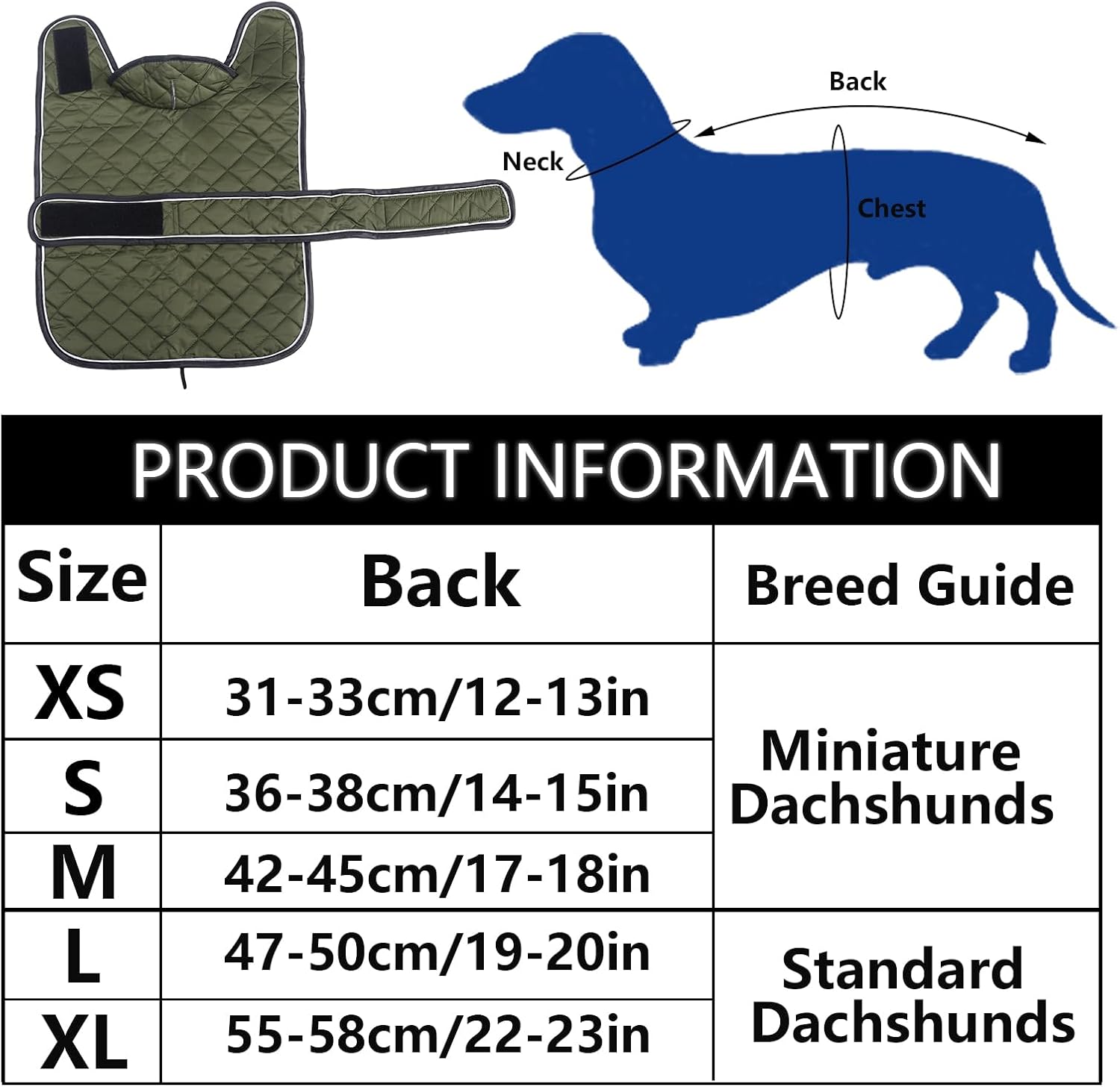 Warm Thermal Quilted Dachshund Coat,Dog Winter Coat with Warm Fleece Lining,Outdoor Dog Apparel with Adjustable Bands for Medium Dog-Army Green-L