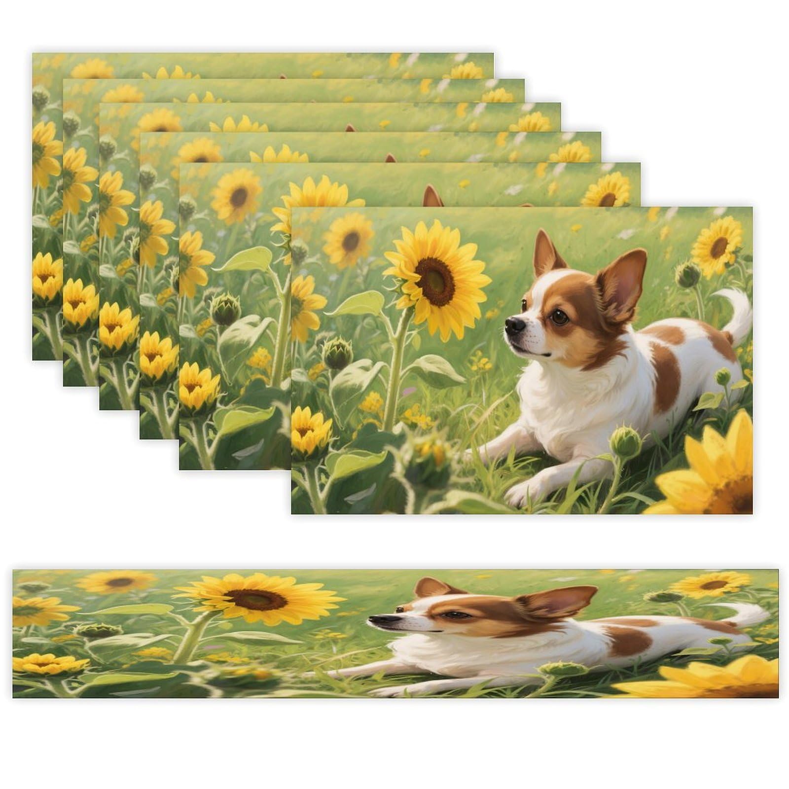 Chihuahua Dog Sunflowers Table Runner and Placemats Set of 7 Linen Table Mat Non-Slip Place Mats Washable Placemat Heat Resistant Place Mat with Table Runner for Party Dining Decor