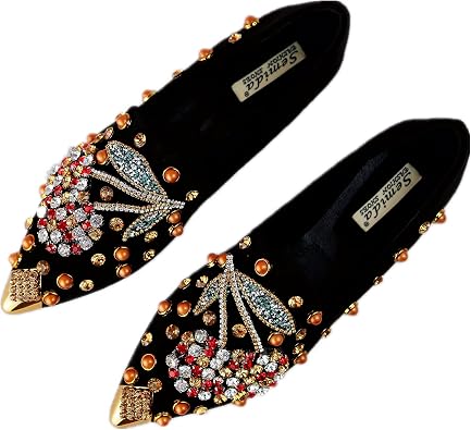 Women Rhinestone Flats Slip On Pointed Toe Sparkle Flats Faux Suede Ballet Embellished Flats