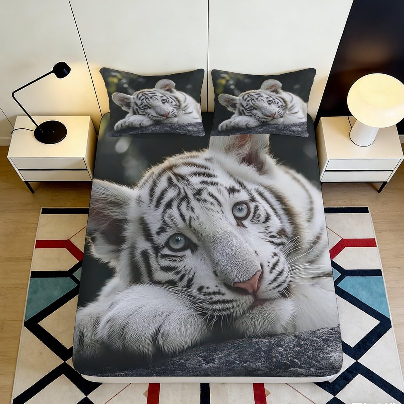 3D Printed White Tiger Fitted Sheet Microfiber Soft Breathable Cub Animal Bed Cover for Bedroom Dormitory Guest Room Mattress Protection Decor 160x200x25cm
