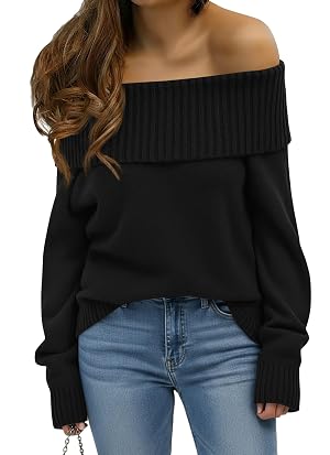 Okiwam Womens Off The Shoulder Sweater 2025 Fall Fashion Casual Loose Knitted Long Sleeve Pullover Trendy Tops
