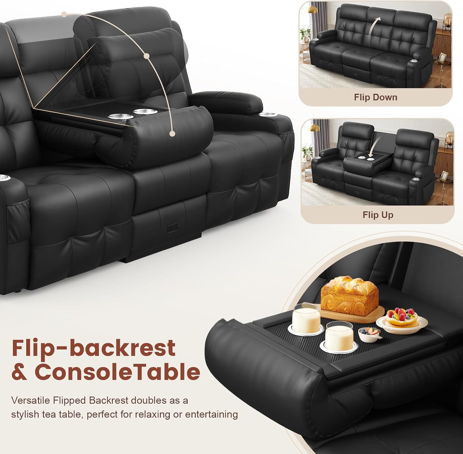 Recliner Sofa, Massage Reclining Sofa 3 Seater Sets Heavy Weight Capacity, RV Loveseat Couch Clearance with Flip Back Console, Storage, Cup Holders, Wall Hugger Reclining Couch for Living Room