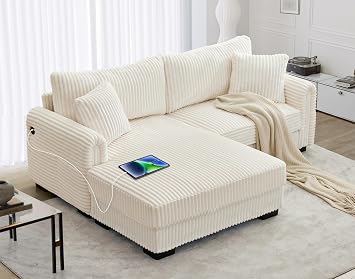 SUNWAVE 84.7" L-Shaped Sofa with Reversible Chaise Corduroy Loveseat Couch | Deep Seat, USB Charging Port, Side Pocket, Corner Couch for Living Room, Apartment