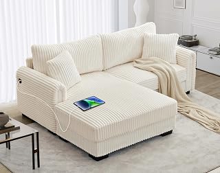 SUNWAVE L-Shaped Sectional Sofa, Oversized Loveseat Corduroy Couch with Reversible Chaise, USB Charging Port, Side Pocket, Deep Seat Corner Couch for Living Room, Apartment (Ivory)