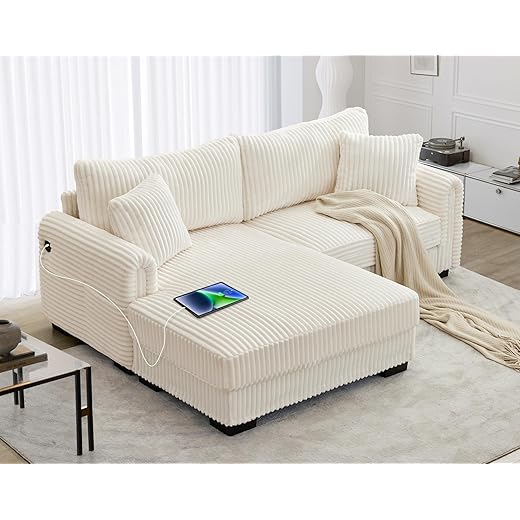 SUNWAVE L-Shaped Sectional Sofa, Oversized Loveseat Corduroy Couch with Reversible Chaise, USB Charging Port, Side Pocket, Deep Seat Corner Couch for Living Room, Apartment (Dark Gray)