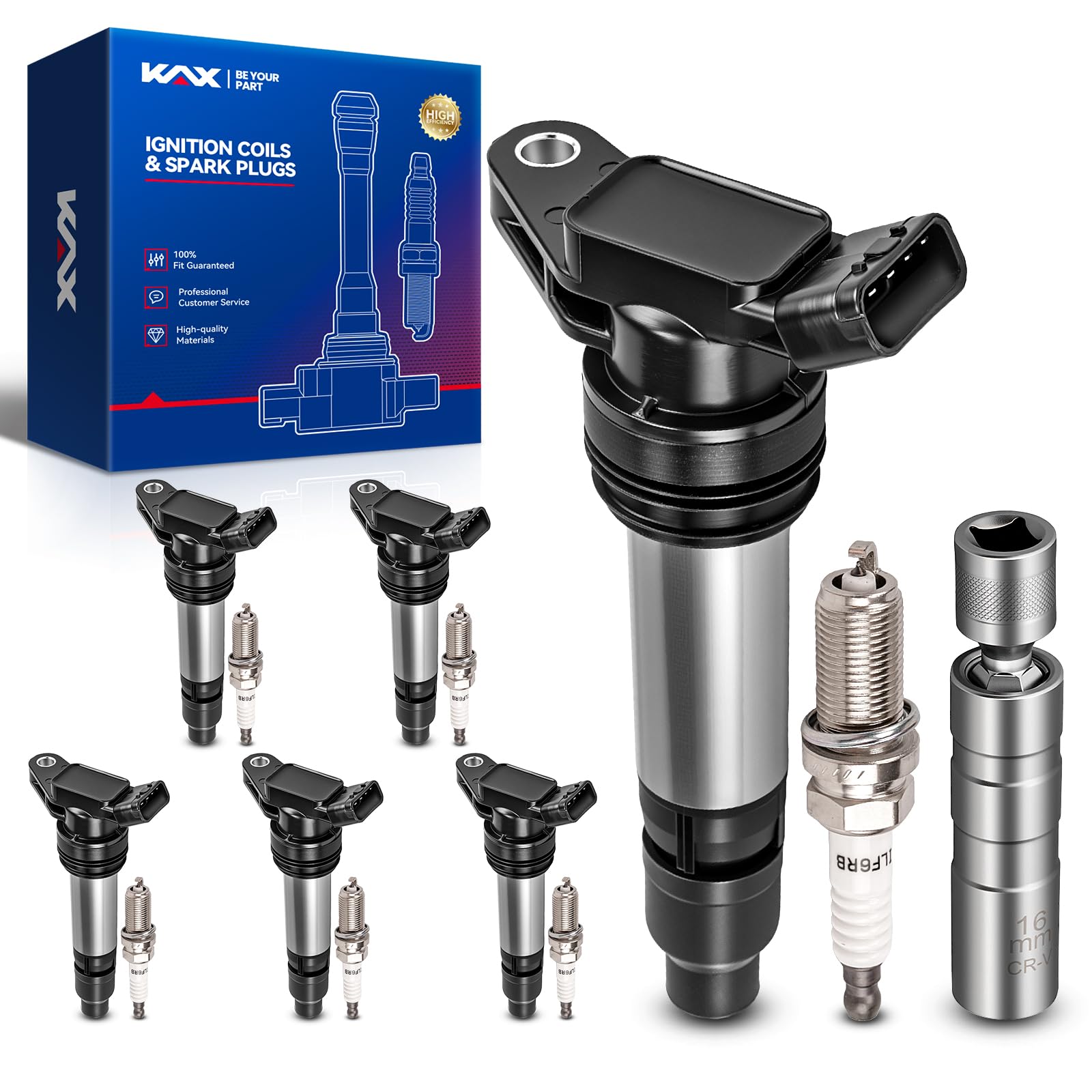 KAX 6 Ignition Coils &amp; 6 Spark Plugs Set for XC90, XC60, XC70, S60, S80