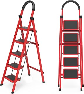 5 Step Folding Ladder with Handrail, Lightweight Portable Step Stool with Wide Anti-Slip Pedals, Compact Design for Home, Kitchen, Office and Garage