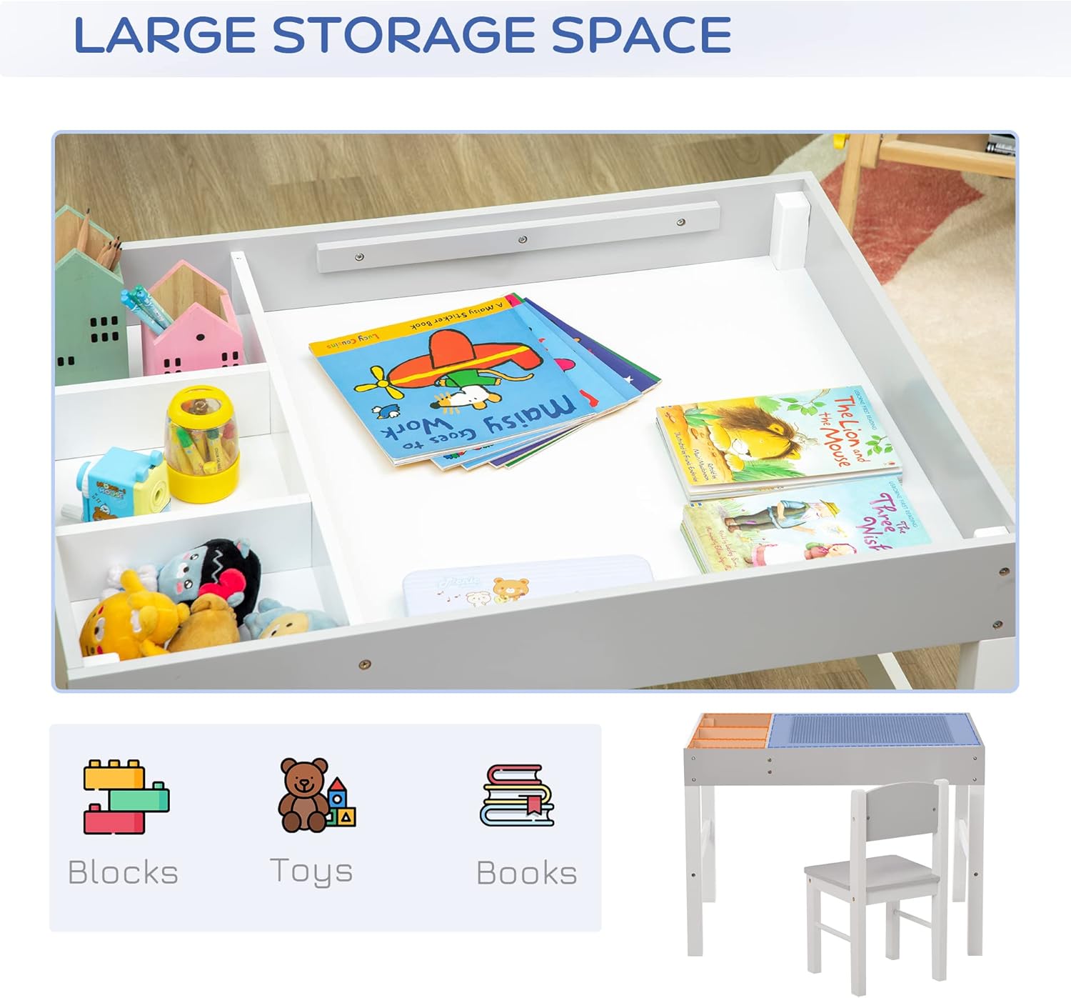 The Qaba activity table with its top removed, revealing a large storage compartment for toys and books.
