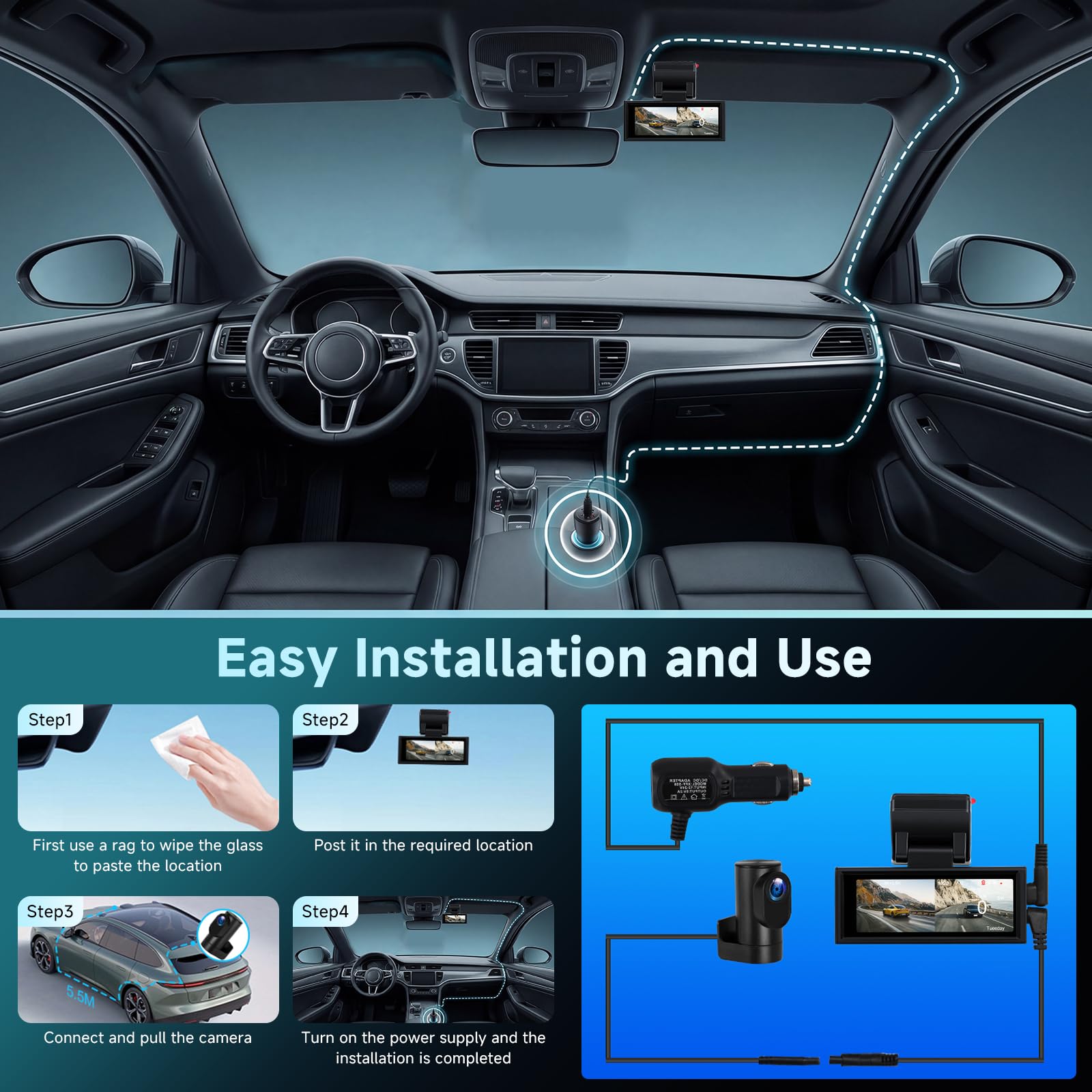Hodozzy 4K Dashcam Cámara Frontal y Cámara Trasera 2,5K, Pantalla 3,16 Pulgadas, Cámara para Salpicadero de Coche, 5,8GHz WiFi App, ADAS BSD LCA, Sensor G Grabación en Bucle, Monitor en Aparcamiento