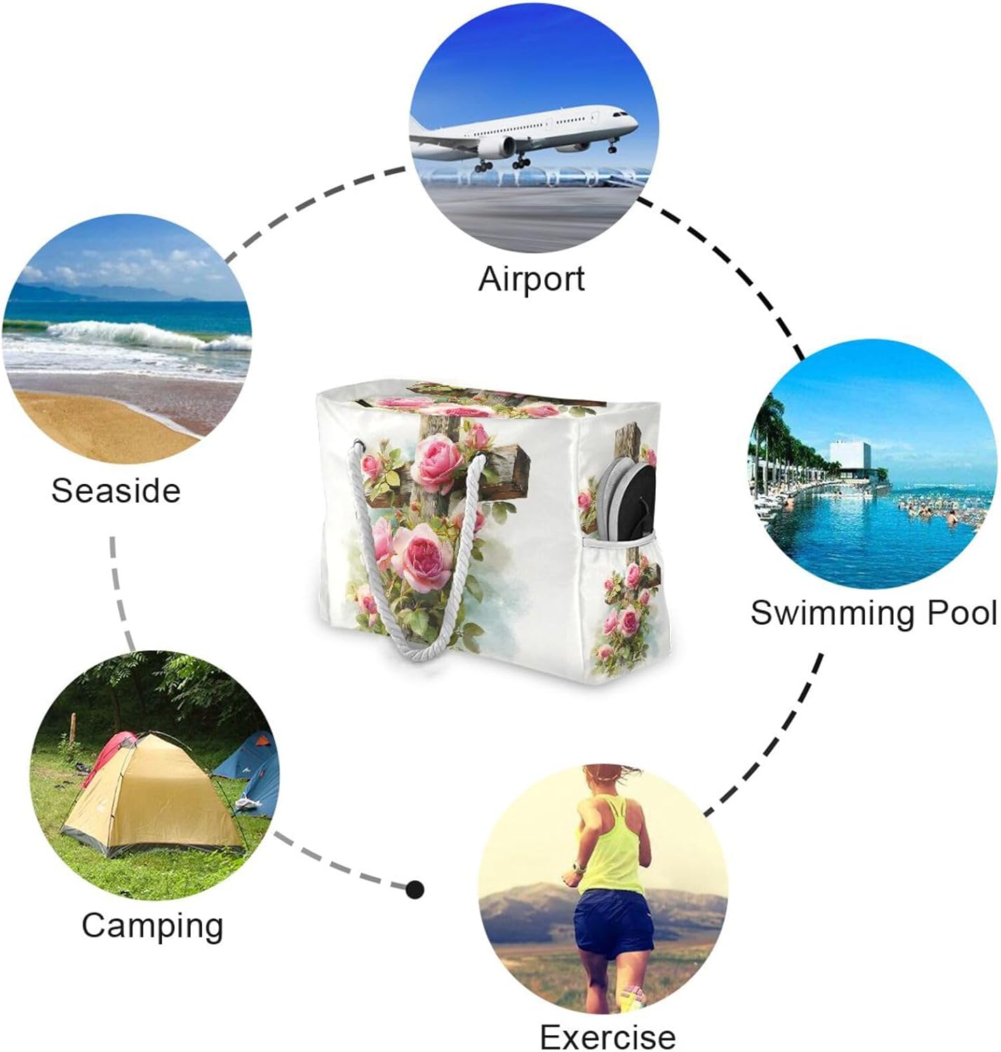 OTVEE Wooden Cross with Pink Roses Beach Bags for Women Ladies Large Canvas Tote Shoulder Bag Waterproof Travel Bags for Gym Swim Pool Camping