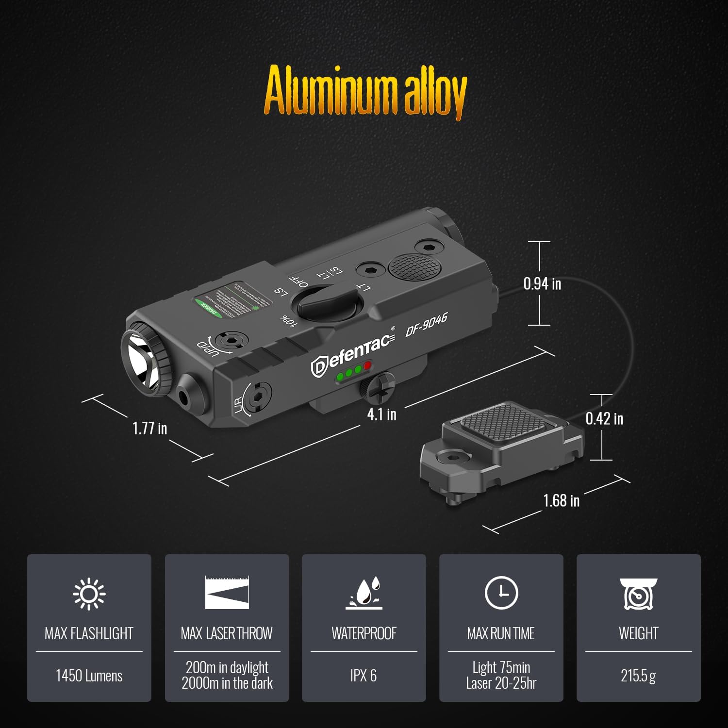 Defentac 1450lm Green Laser Light Combo w/Lever Indicator is Compatible with Mlok/Picatinny Rail, Flashlight with Remote Switch for Rifle, Aluminum, Rechargeable
