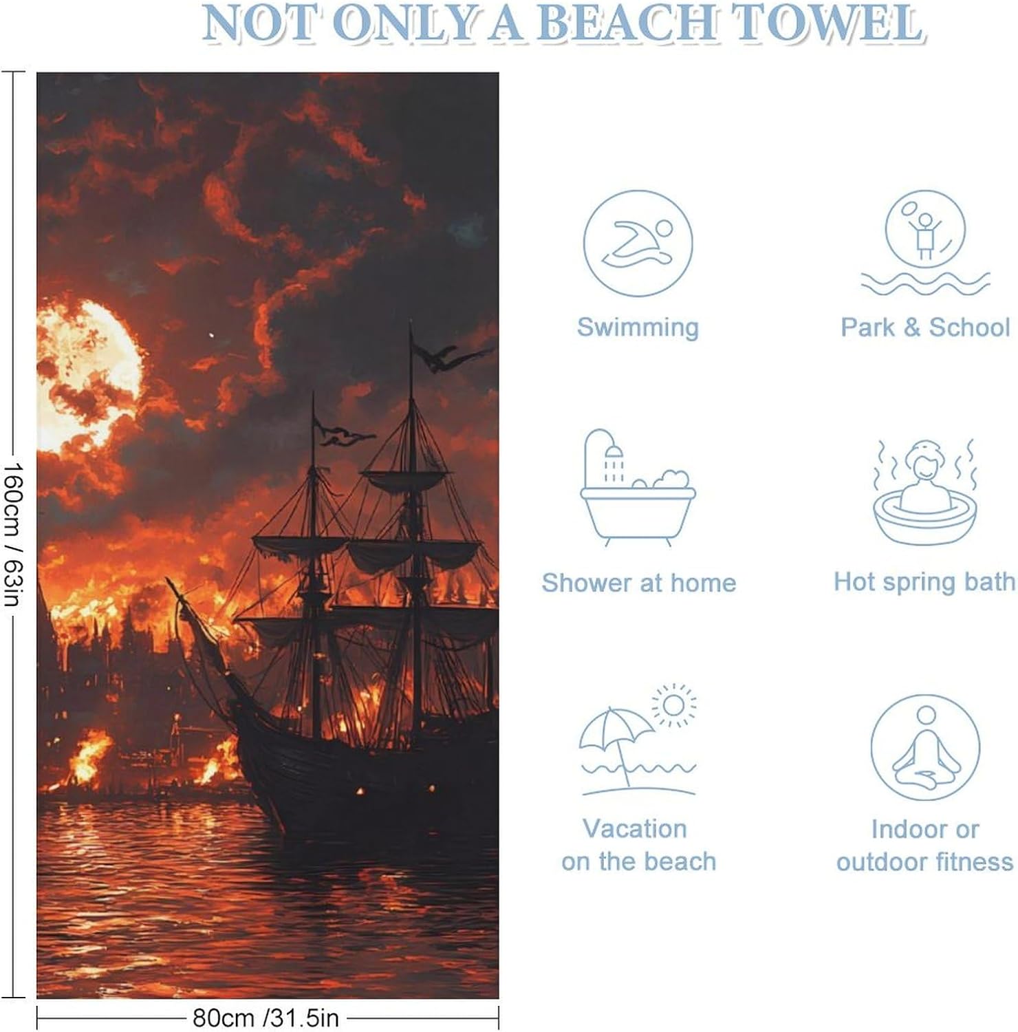 Burning Harbor Blood Moon Ship Beach Towels Oversized Jumbo Large Yoga Bath Towel for Pool Yoga Swim Body 160x80cm
