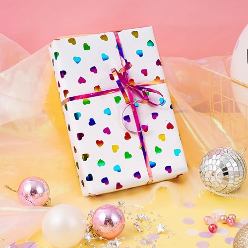 Miniatura 3 de LeZakaa Rollo de papel de regalo de San Valentín, diseño colorido holográfico impreso de corazones para cumpleaños, aniversario, baby shower,