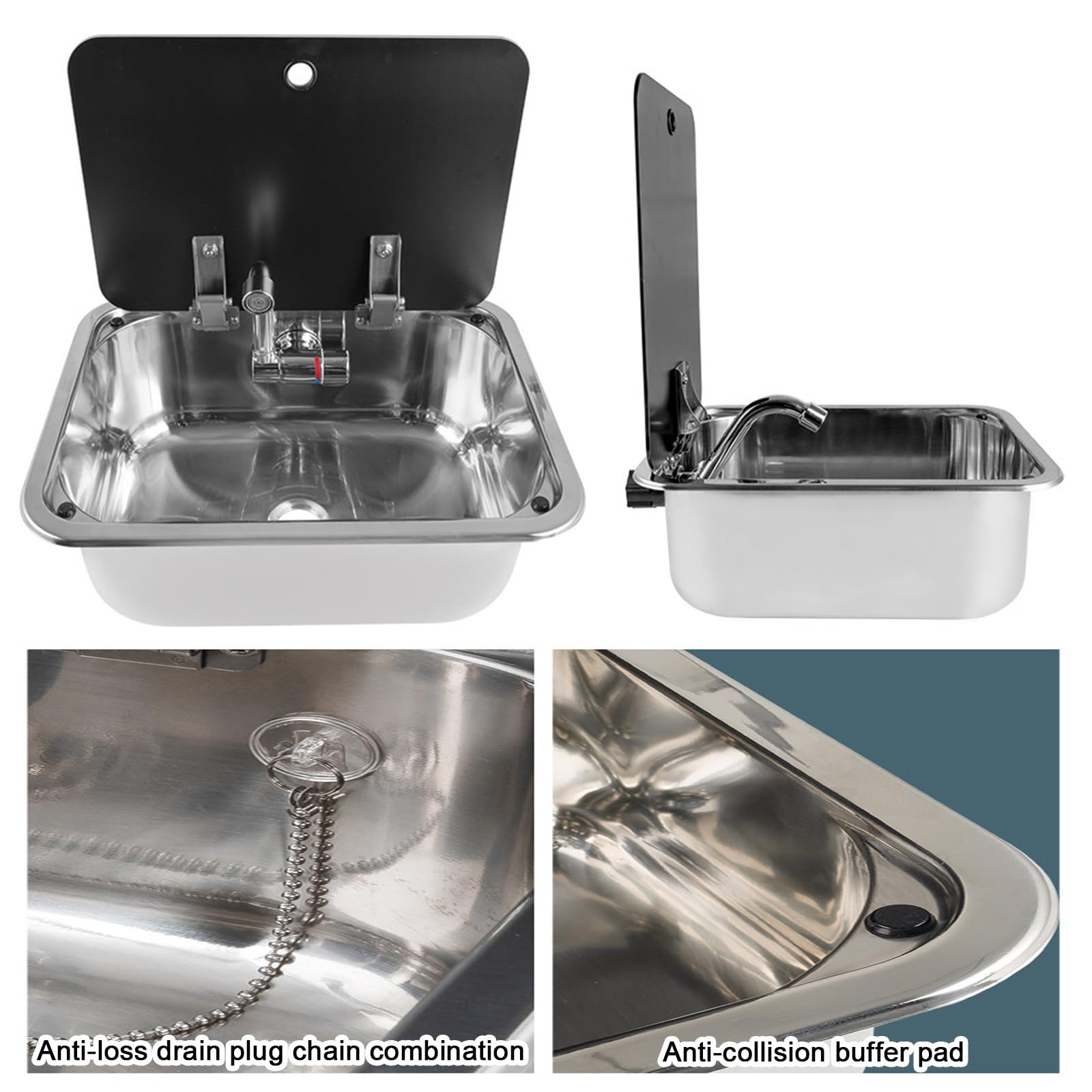 Fregadero de cocina con grifo combinado, acero inoxidable 304, cubierta oculta para caravana, caravana, barco, diseño que ahorra espacio (38 x 27,7 x 14,5 cm)