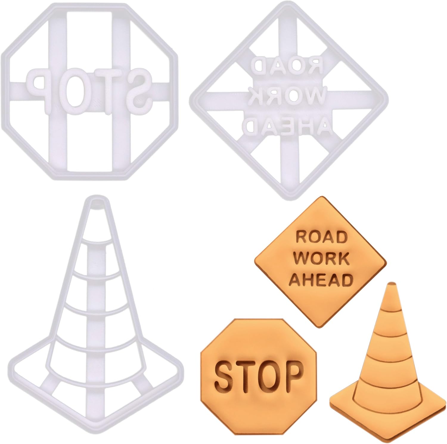 BAKERLOGY Set of 3 Road Safety Cookie Cutters (Road Work Ahead Sign, Stop Sign, Traffic Cone) - Detailed Biscuit Cutter Design for Baking and Crafts, ideal on fondant, dough, clay