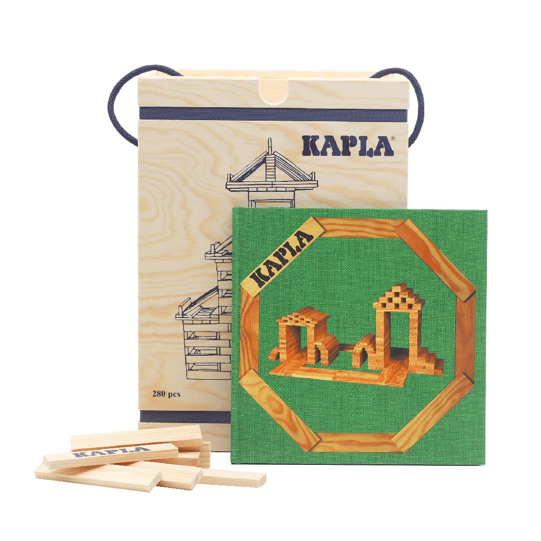 KAPLA - Scatola da 280 pezzi, 280 piastrine in legno di pino e 1 libro d'arte verde, giocattolo di legno, da 2 anni…