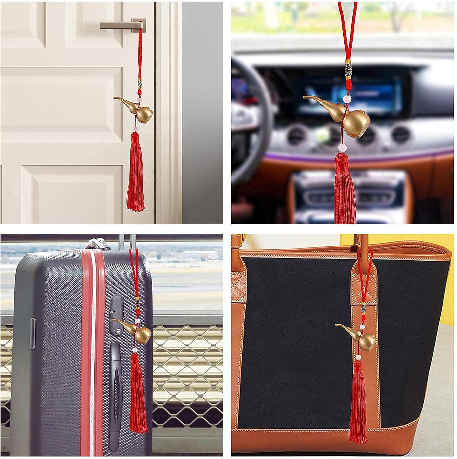 Feng Shui Brass Wu Lou Golden Gourd with Red Luck Strip Treasure Pendant for Bedroom,Car Hanging Ornaments,Fortune Protection,Hu Lu Bring Good Luck Safty Success,2.75inch Tall,Full...