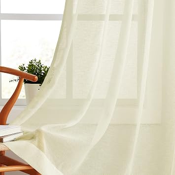Melodieux Beige Linen Sheer Curtains 96 Inches Long for Living Room, Bedroom Natural Flax Textured Light Filtering Rod Pocket Burlap Sheer Voile Drapes, 52x96 Inch, 2 Panels