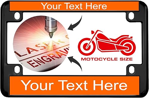 Vista 58 de Marco de matrícula personalizado de metal negro (Zinc) grabado con láser, tamaño estándar con diseño de texto personalizado, texto acero/negro