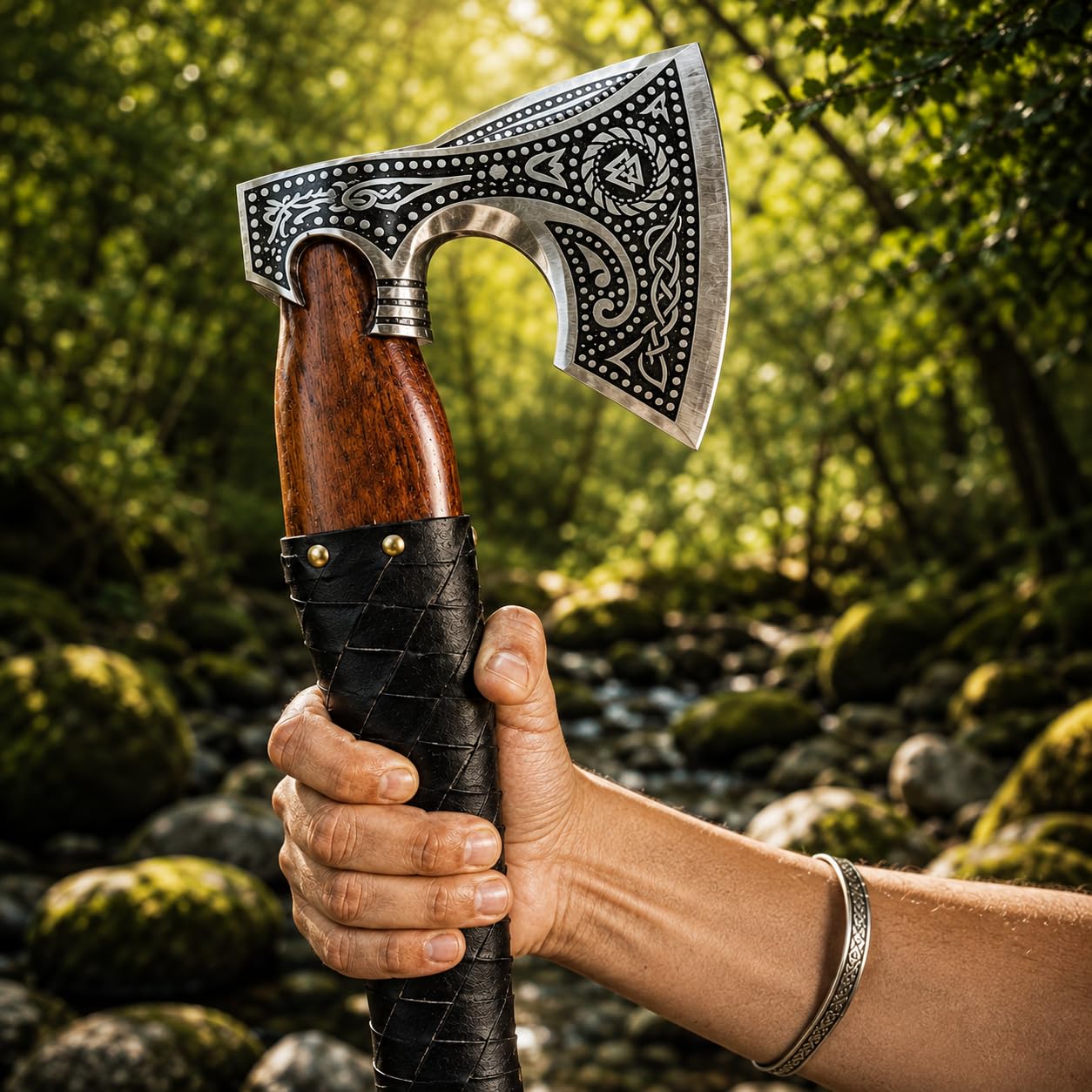 Wikinger Axt Valknut Gravur Handgeschmiedet + Lederscheide