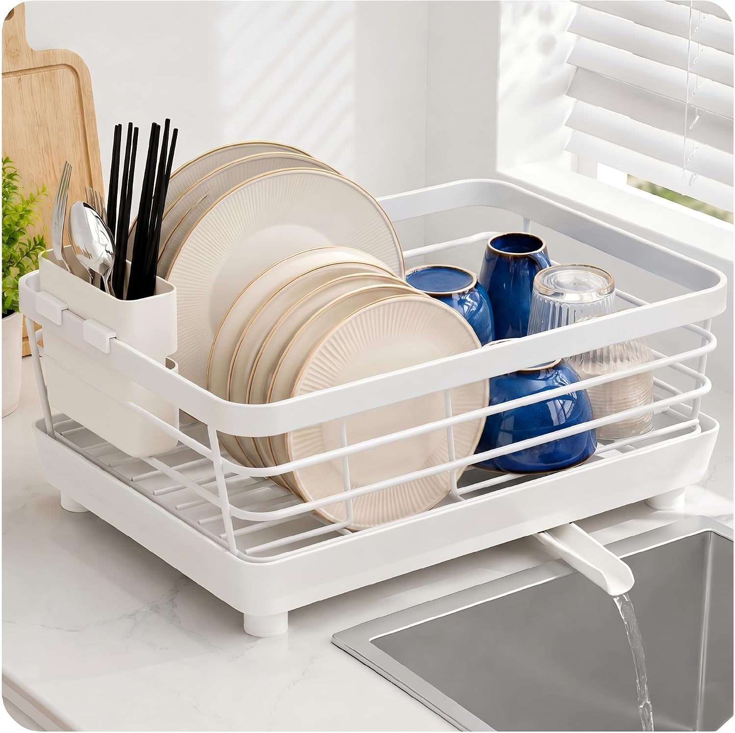 Small Dish Drying Rack for Kitchen Counter, Stainless Steel Dish Rack with Drainboard, Drain Spout and Utensil Holder, Compact Dish Drainer