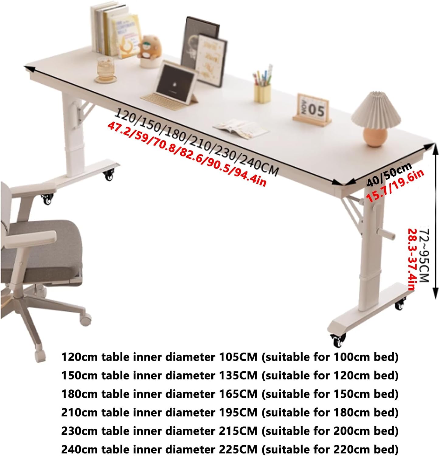 Adjustable Height Overbed Table, Rolling Bed Desk with Hand Crank and 360° Wheels, Cross-Bed Computer Desk, Mobile Laptop Cart for Bedroom, King Size Beds(Brown+White,47.2x15.7in)