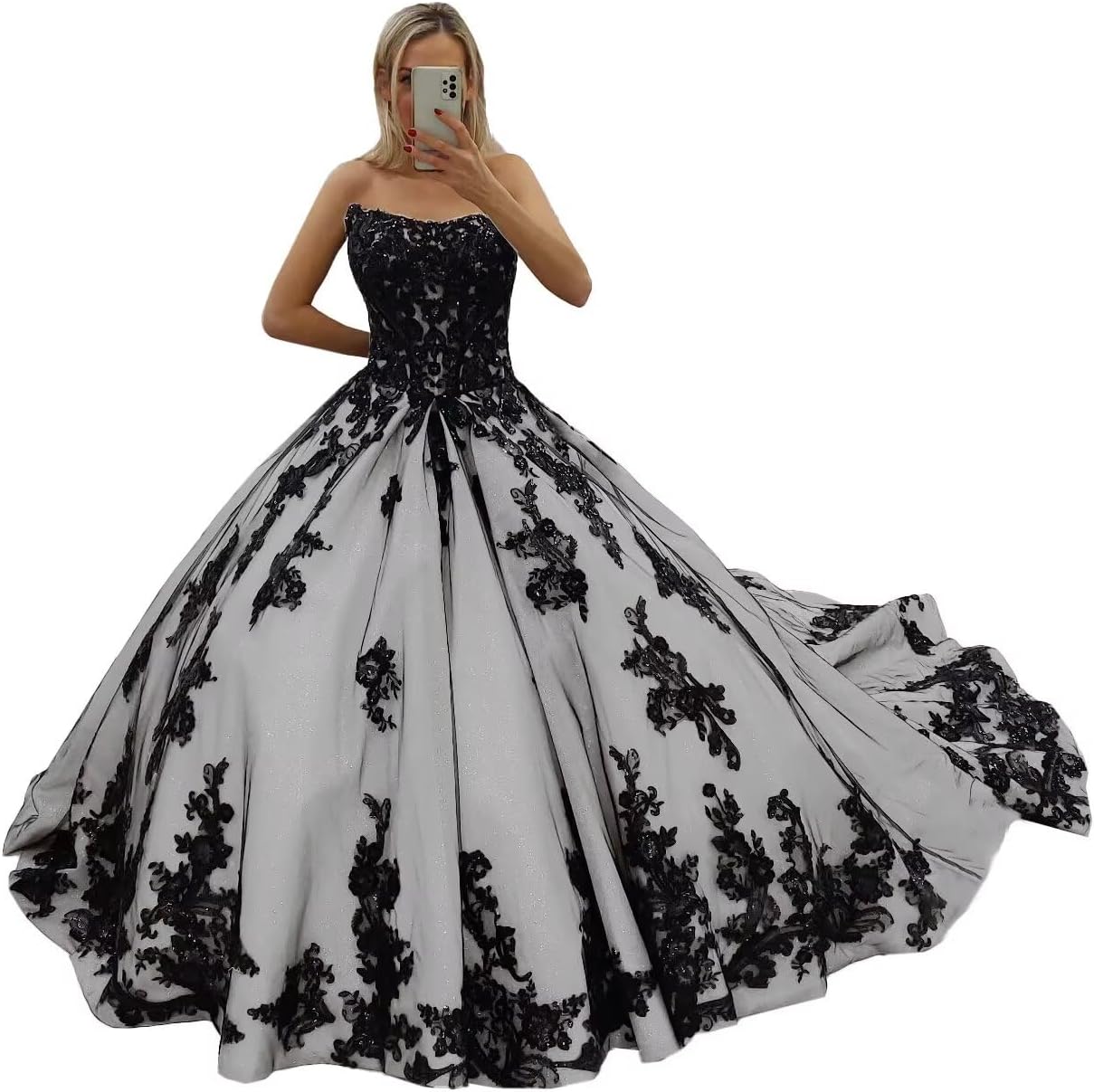 Strapless Lace Black Wedding Dresses for Bridal A Line Puffy Tulle Bridal Gowns with Train Long Elegant Bridal Dresses