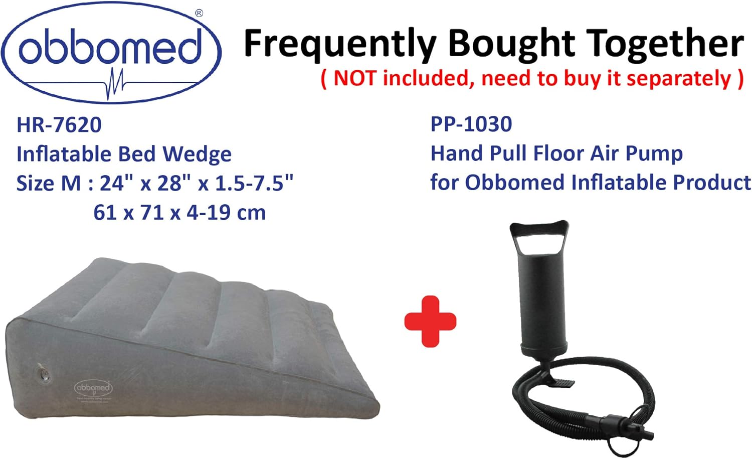 ObboMed HR-7620, New & Handy AIR VALVE for easy inflation/deflation,Heavy duty Inflatable Bed Wedge Pillow with Velour Surface for Sleeping Travel Trip vacation; inflated size M: 24” x 28” x 7.5-1.5”