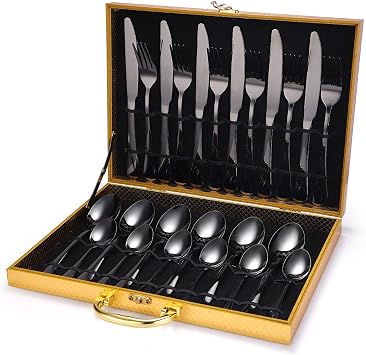 Cutlery Set 24 Pieces Elegant Life Stainless Steel Flatware Silverware Service 6 Knife Fork Spoon Set Perfect for Home Camping Party Easy Clean & Dishwasher Safe Rose Gold Black/GoldBlack/Gold