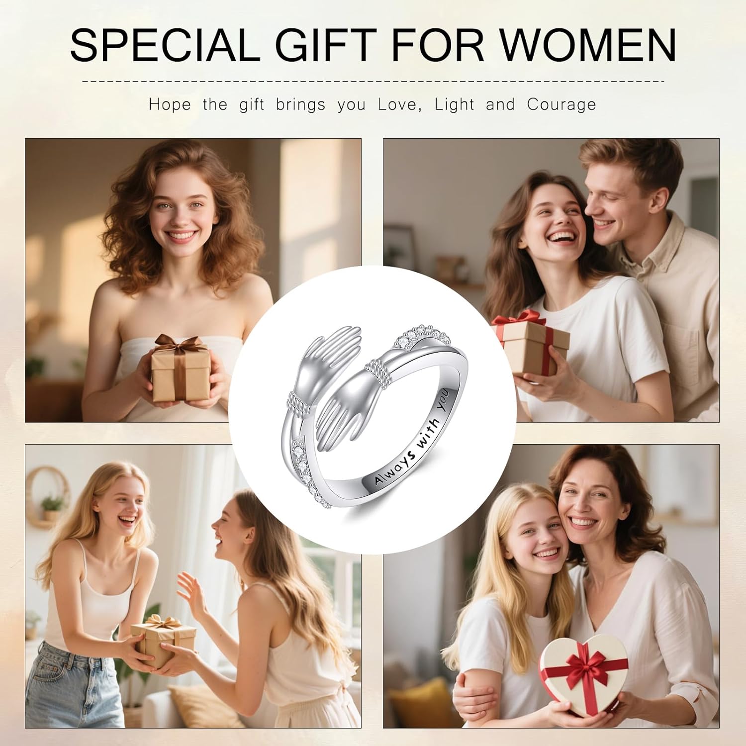 Hug Ring Sterling Silver Hugging Hands Adjustable Ring Friendship Jewelry for Women Mom and Friends