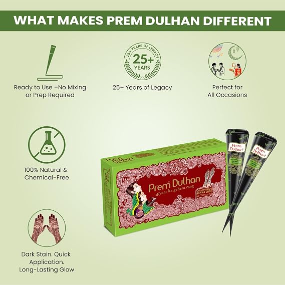 Prem Dulhan Natural Henna-Based Mehendi Cones Set of 4 (Pack of 1), 4 Cones for Hand Designing and Temporary Artificial Freckles -Chemical-Free for Women & Girls