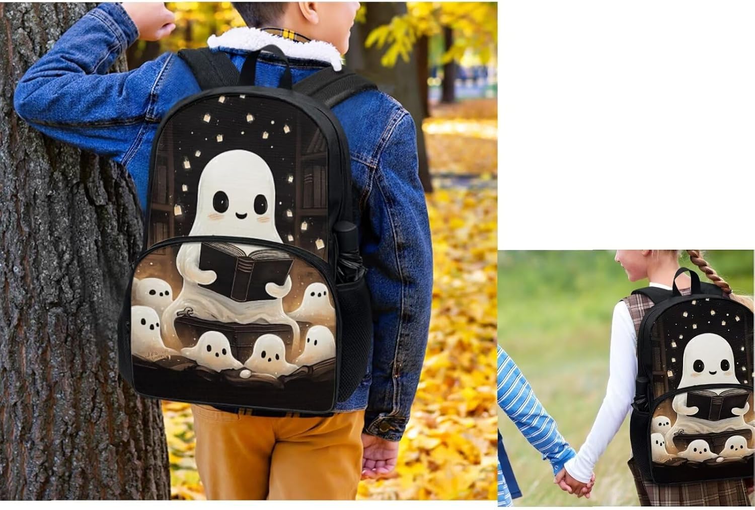 White Ghost Backpack for Kids School Bag 4-in-1 Bookbag Set with Lunch Box Pencil Case Water Bottle Sleeve for Teen Girls Boys Schoolbag Elementary Preschool Bookbag Back to School